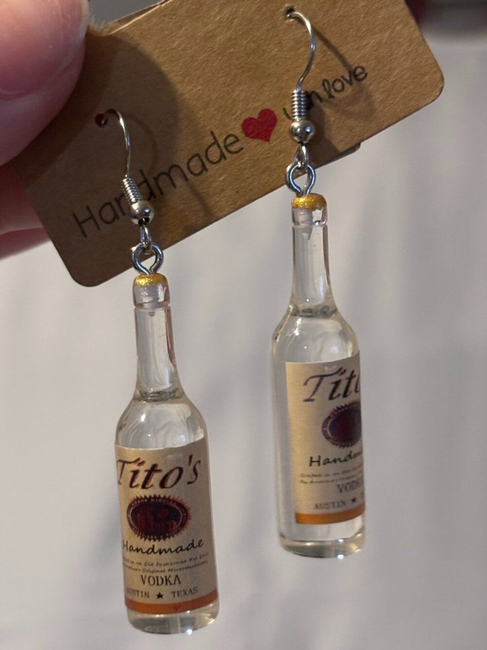 Tito’s Vodka Bottle Dangle Earrings – Novelty Mini Bottle Handmade Style Earring